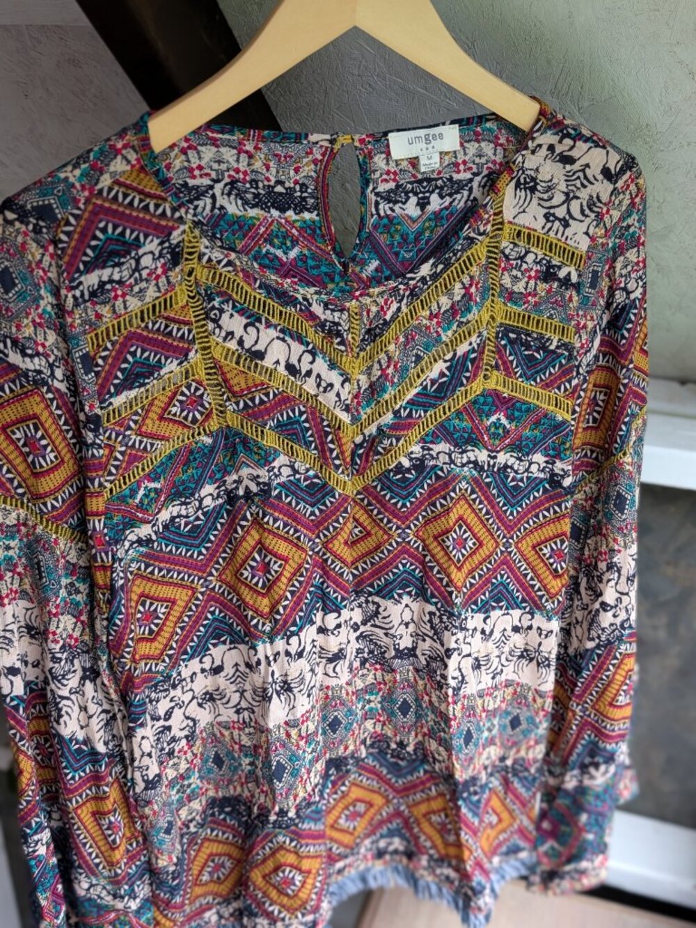 UMGEE Mixed Geometric Print Ladder Lace Trim Boho Blouse Medium